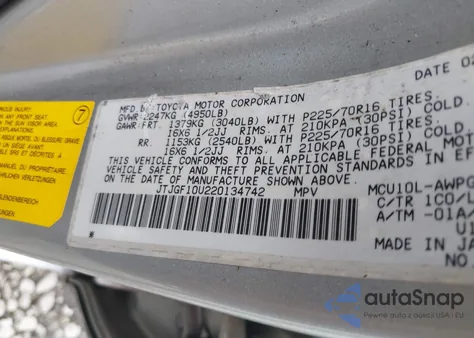 2002 Lexus Rx 300 from USA, damaged, VIN JTJGF10U220134742